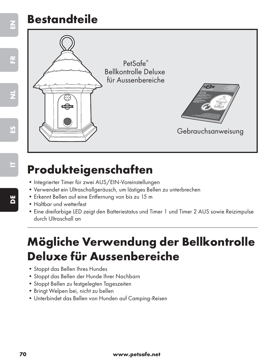 Bestandteile, Produkteigenschaften | Petsafe Deluxe Outdoor Bark Control User Manual | Page 70 / 80