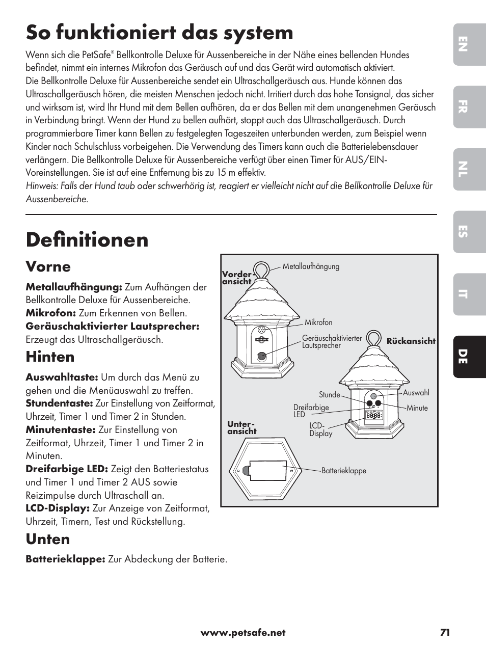 So funktioniert das system, Deﬁ nitionen, Vorne | Hinten, Unten, De it es nl fr en | Petsafe Deluxe Outdoor Bark Control User Manual | Page 71 / 80