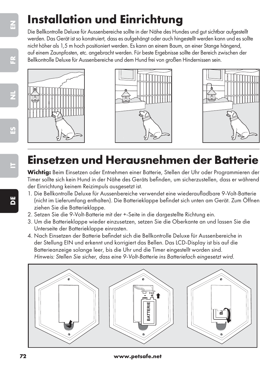 Installation und einrichtung, Einsetzen und herausnehmen der batterie | Petsafe Deluxe Outdoor Bark Control User Manual | Page 72 / 80
