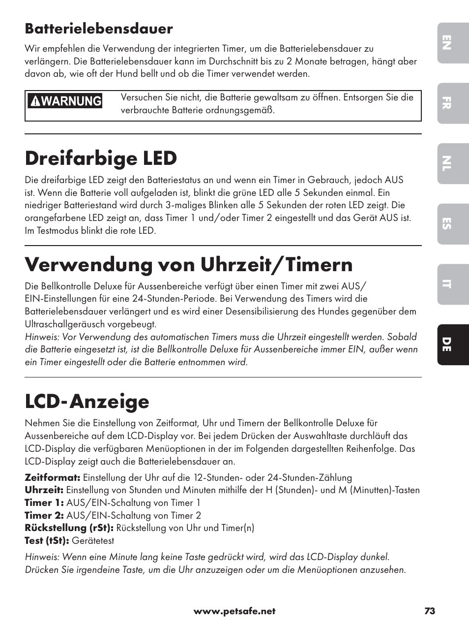 Dreifarbige led, Verwendung von uhrzeit/timern, Lcd-anzeige | Batterielebensdauer | Petsafe Deluxe Outdoor Bark Control User Manual | Page 73 / 80