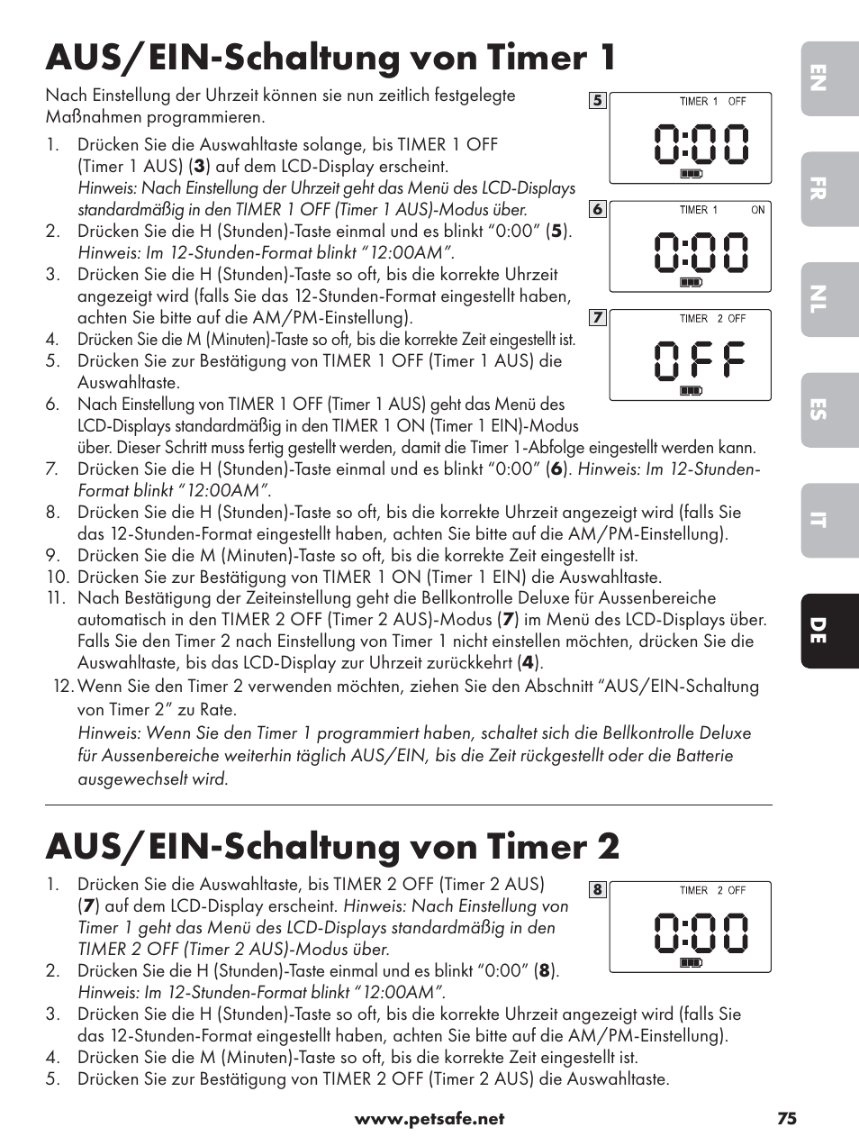Aus/ein-schaltung von timer 1, Aus/ein-schaltung von timer 2 | Petsafe Deluxe Outdoor Bark Control User Manual | Page 75 / 80