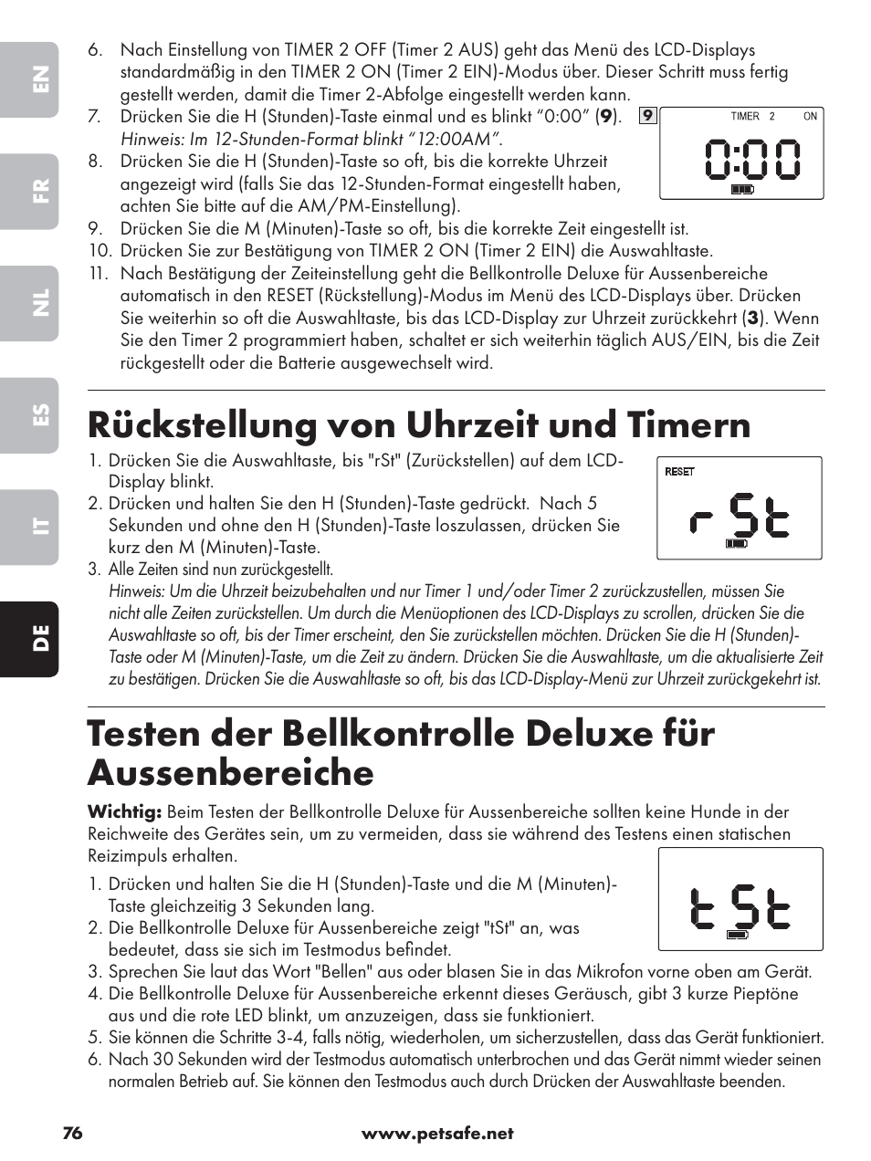 Rückstellung von uhrzeit und timern, Testen der bellkontrolle deluxe für aussenbereiche | Petsafe Deluxe Outdoor Bark Control User Manual | Page 76 / 80