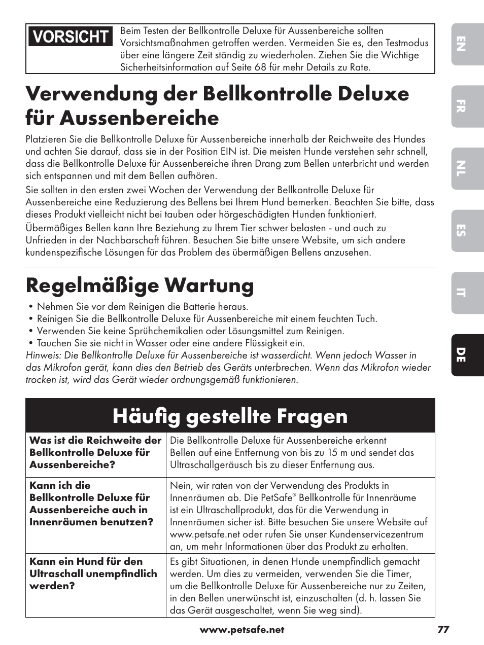 Regelmäßige wartung, Häuﬁ g gestellte fragen | Petsafe Deluxe Outdoor Bark Control User Manual | Page 77 / 80