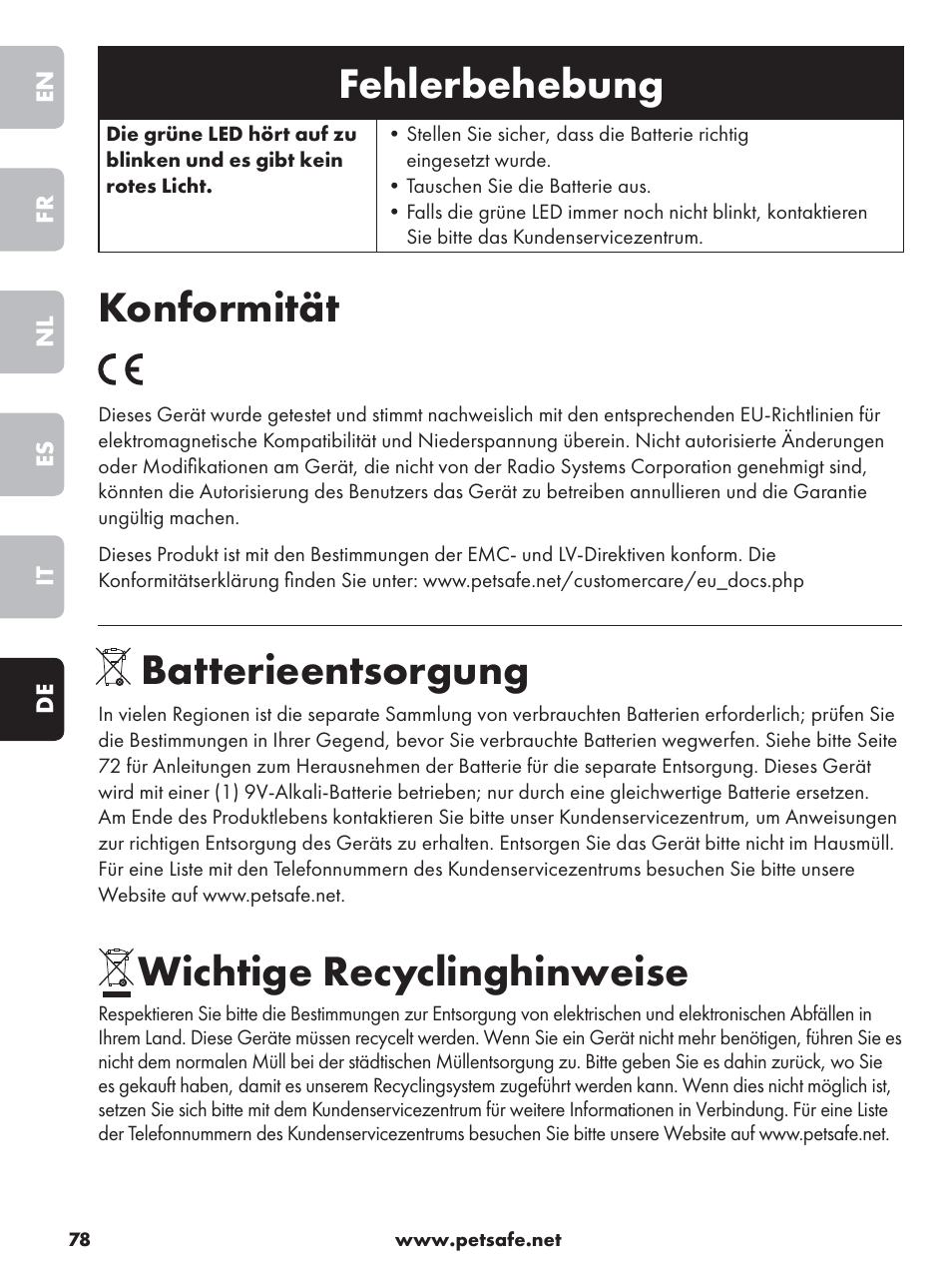 Fehlerbehebung, Konformität, Batterieentsorgung | Wichtige recyclinghinweise | Petsafe Deluxe Outdoor Bark Control User Manual | Page 78 / 80