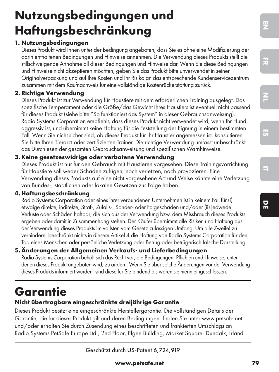 Nutzungsbedingungen und haftungsbeschränkung, Garantie | Petsafe Deluxe Outdoor Bark Control User Manual | Page 79 / 80