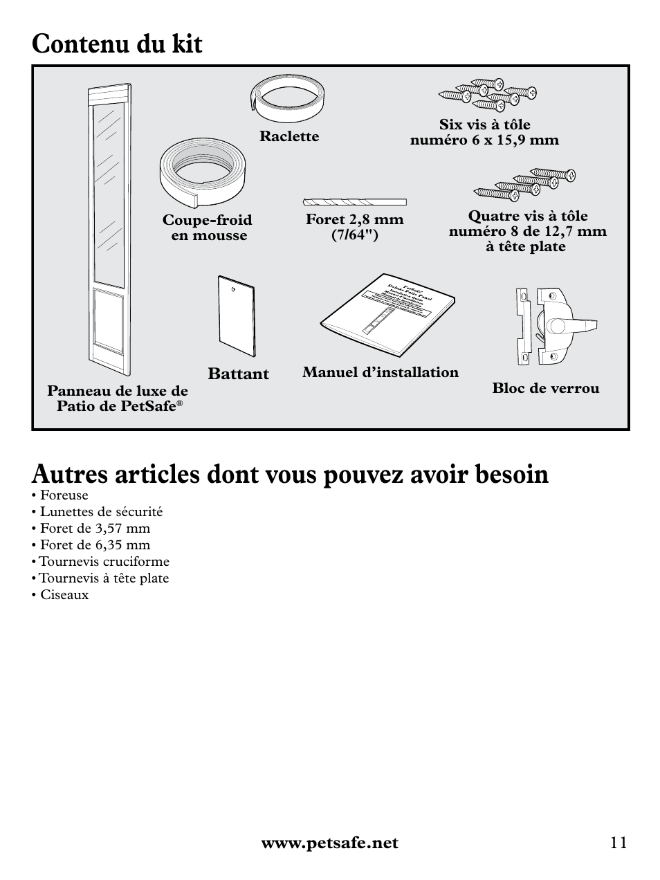 Contenu du kit, Autres articles dont vous pouvez avoir besoin | Petsafe Deluxe Patio Panel Pet Door User Manual | Page 11 / 28