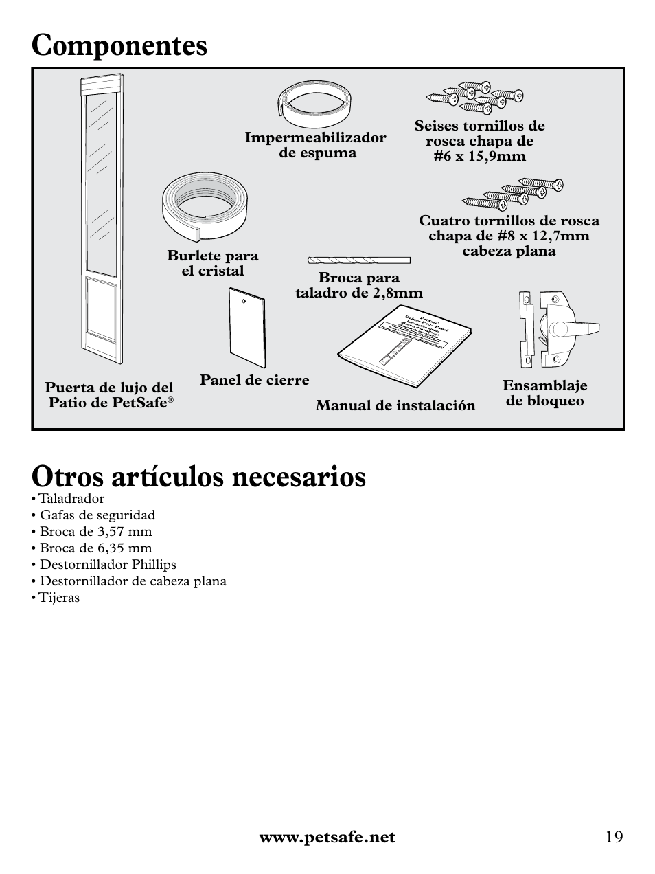 Componentes, Otros artículos necesarios | Petsafe Deluxe Patio Panel Pet Door User Manual | Page 19 / 28