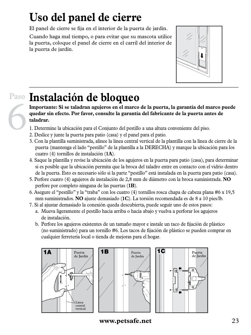 Uso del panel de cierre, Instalación de bloqueo, Paso | Petsafe Deluxe Patio Panel Pet Door User Manual | Page 23 / 28