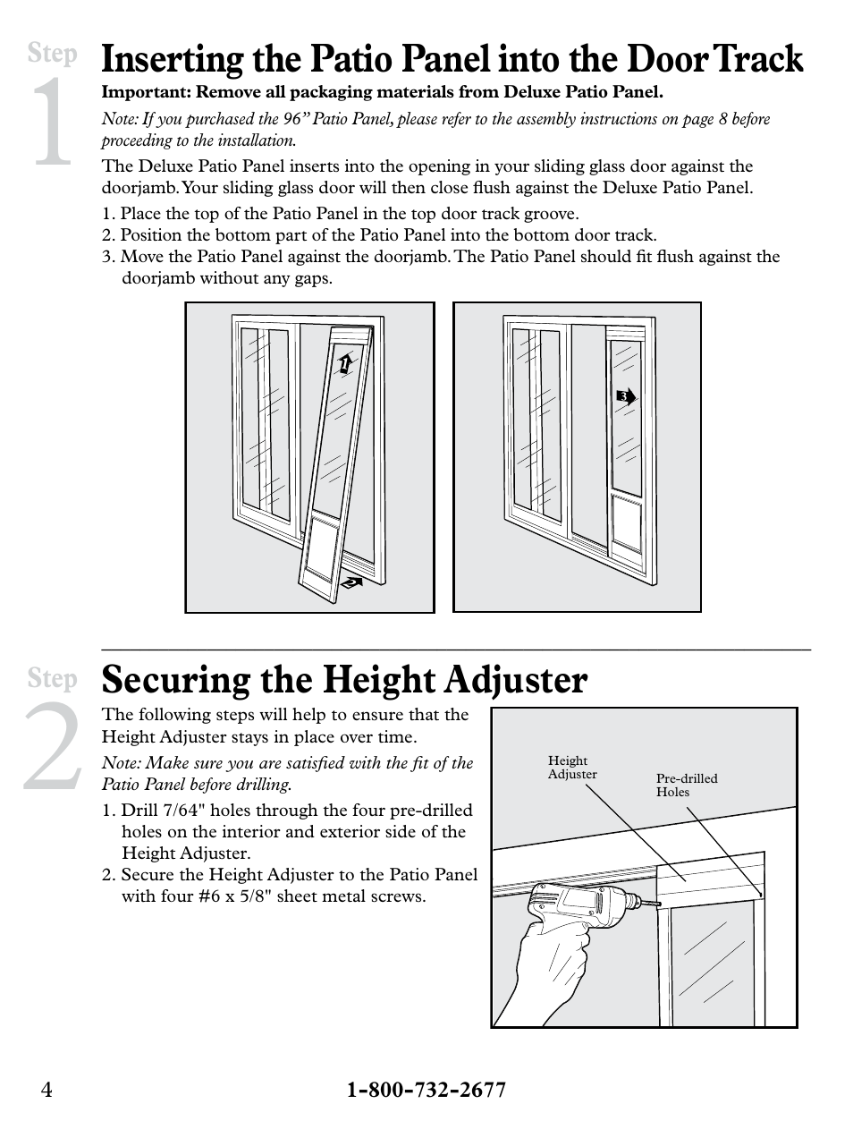 Inserting the patio panel into the door track, Securing the height adjuster | Petsafe Deluxe Patio Panel Pet Door User Manual | Page 4 / 28