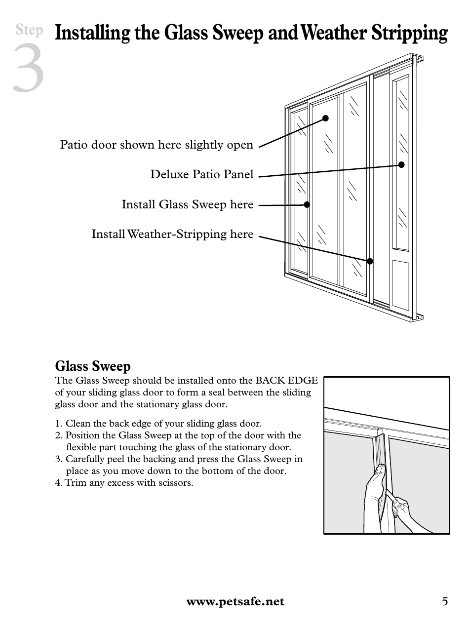 Installing the glass sweep and weather stripping | Petsafe Deluxe Patio Panel Pet Door User Manual | Page 5 / 28