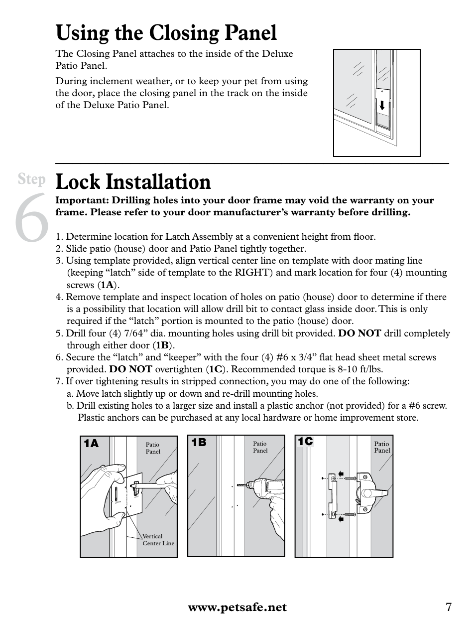 Using the closing panel, Lock installation, Step | Petsafe Deluxe Patio Panel Pet Door User Manual | Page 7 / 28