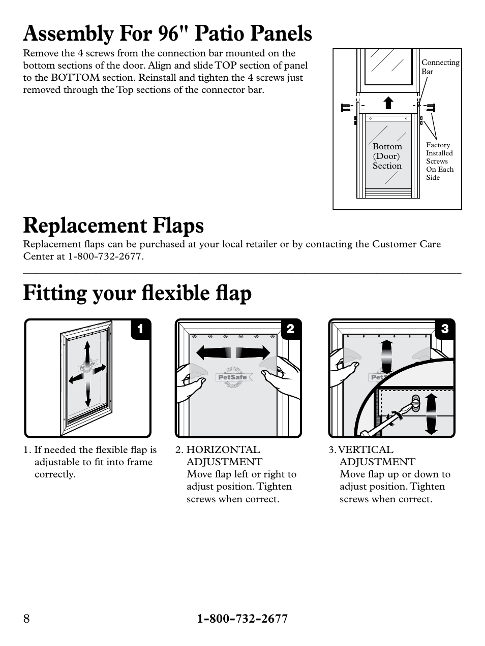 Assembly for 96" patio panels, Replacement flaps, Fitting your flexible flap | Petsafe Deluxe Patio Panel Pet Door User Manual | Page 8 / 28