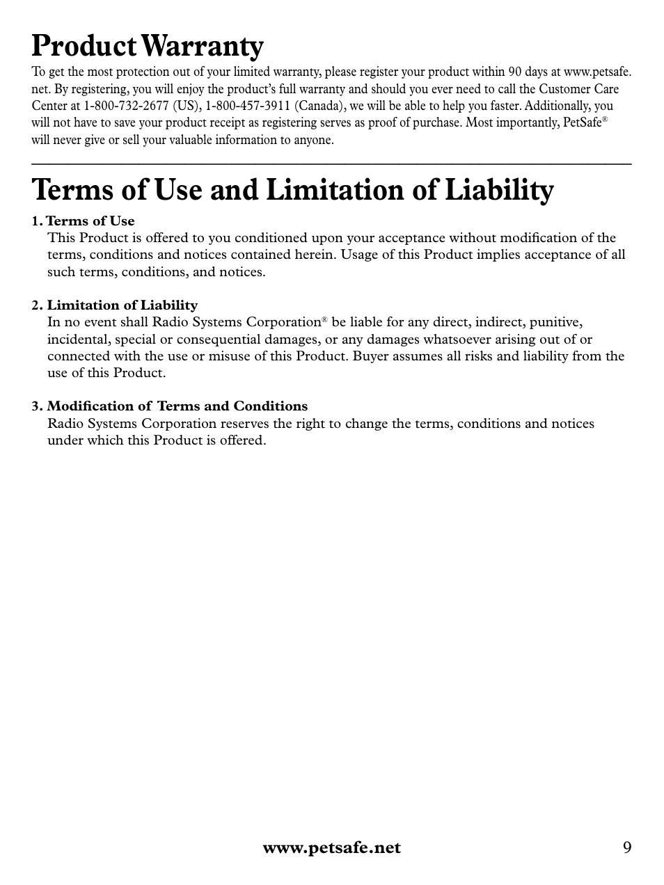 Product warranty, Terms of use and limitation of liability | Petsafe Deluxe Patio Panel Pet Door User Manual | Page 9 / 28