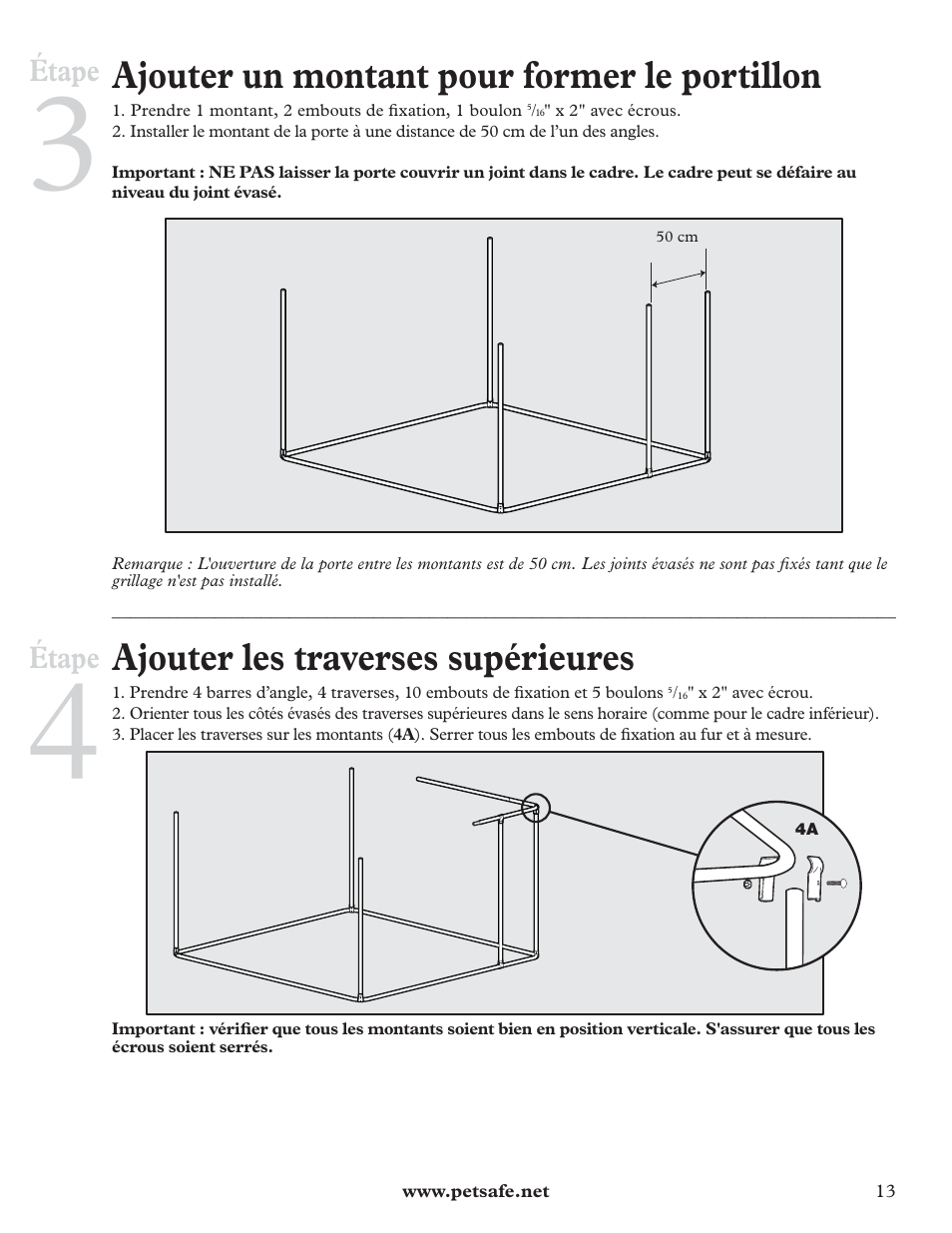 Ajouter un montant pour former le portillon, Ajouter les traverses supérieures | Petsafe DIY Dog Kennel - 2.29 m (W) x 2.29 m (D) x 1.22 m (H) User Manual | Page 13 / 52