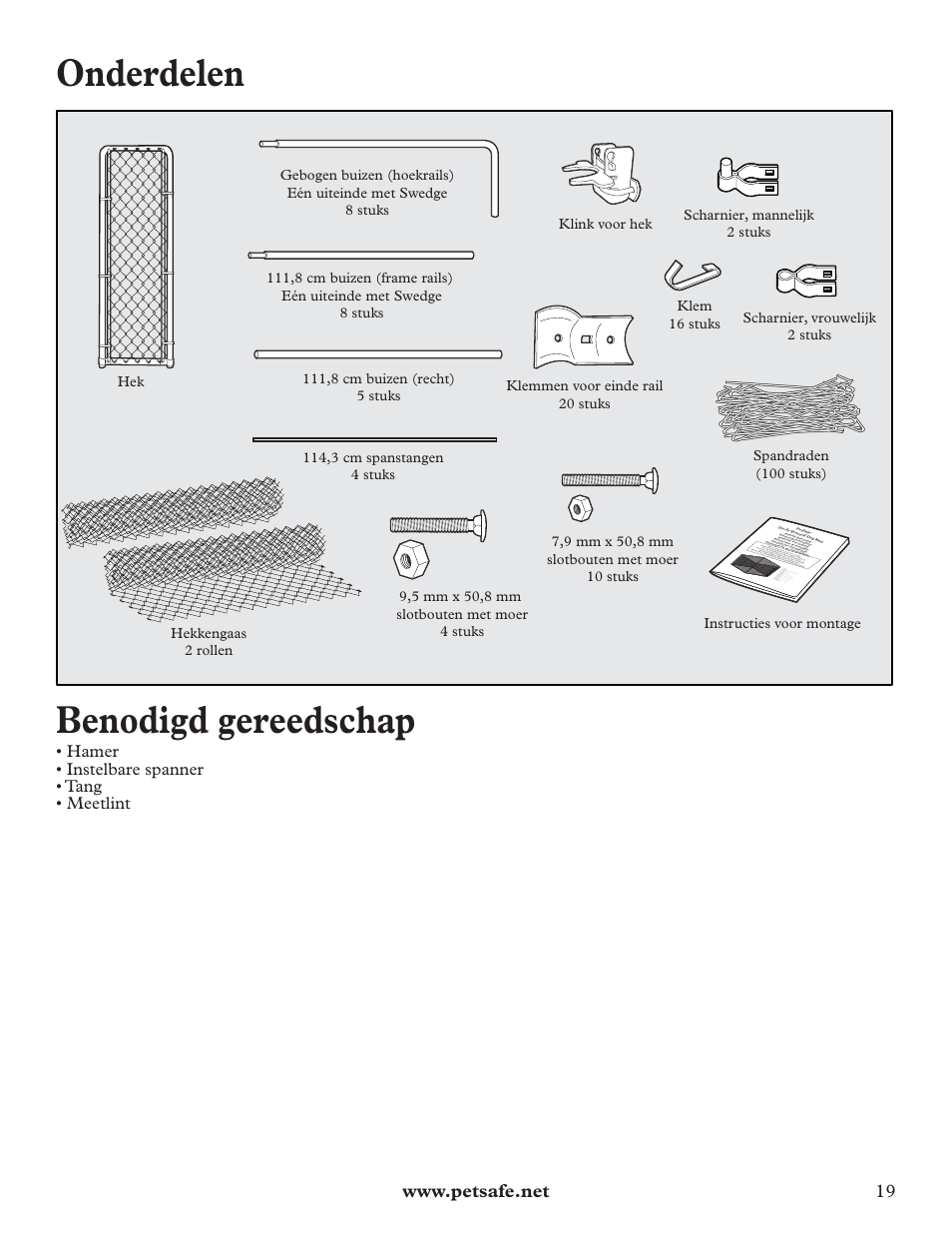 Onderdelen, Benodigd gereedschap, Hamer • instelbare spanner • tang • meetlint | Petsafe DIY Dog Kennel - 2.29 m (W) x 2.29 m (D) x 1.22 m (H) User Manual | Page 19 / 52