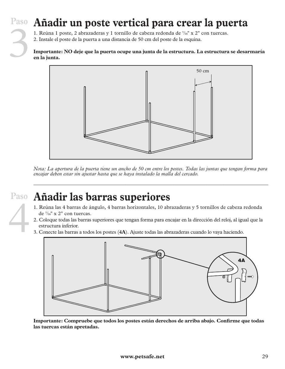 Añadir un poste vertical para crear la puerta, Añadir las barras superiores, Paso | Petsafe DIY Dog Kennel - 2.29 m (W) x 2.29 m (D) x 1.22 m (H) User Manual | Page 29 / 52