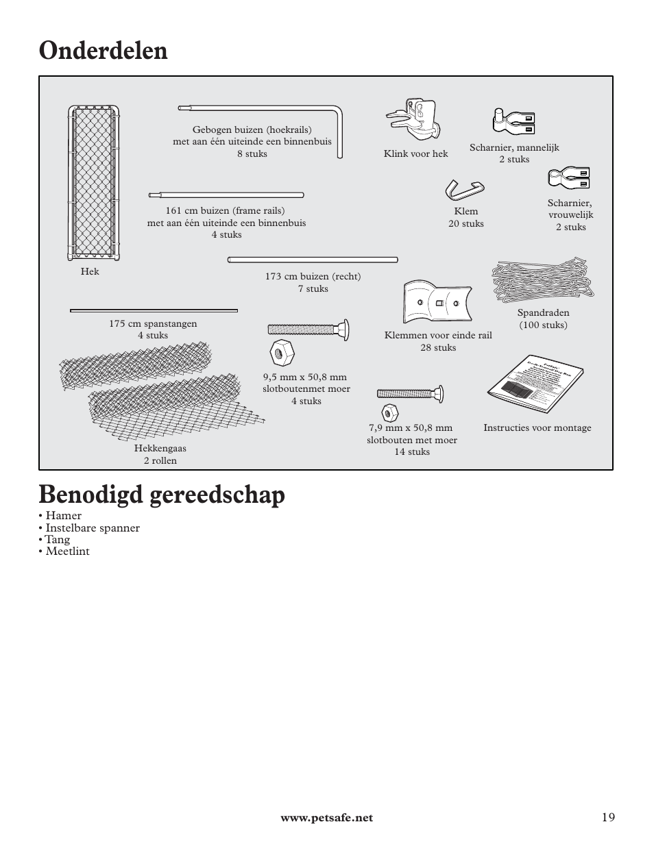 Onderdelen, Benodigd gereedschap | Petsafe DIY Dog Kennel - 2.29 m (W) x 3.96 m (D) x 1.83 m (H) User Manual | Page 19 / 52