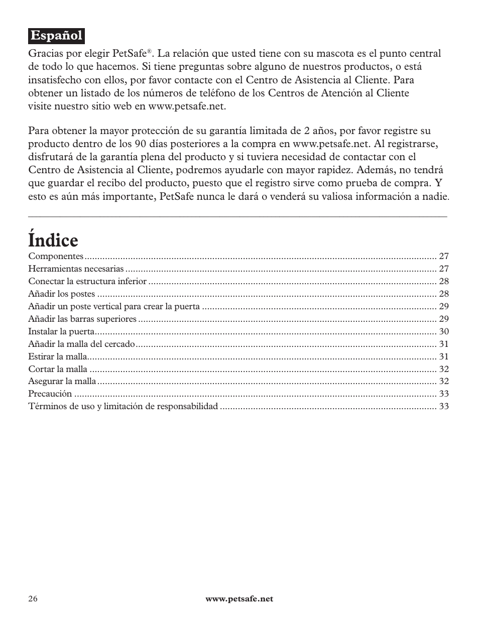 Índice | Petsafe DIY Dog Kennel - 2.29 m (W) x 3.96 m (D) x 1.83 m (H) User Manual | Page 26 / 52