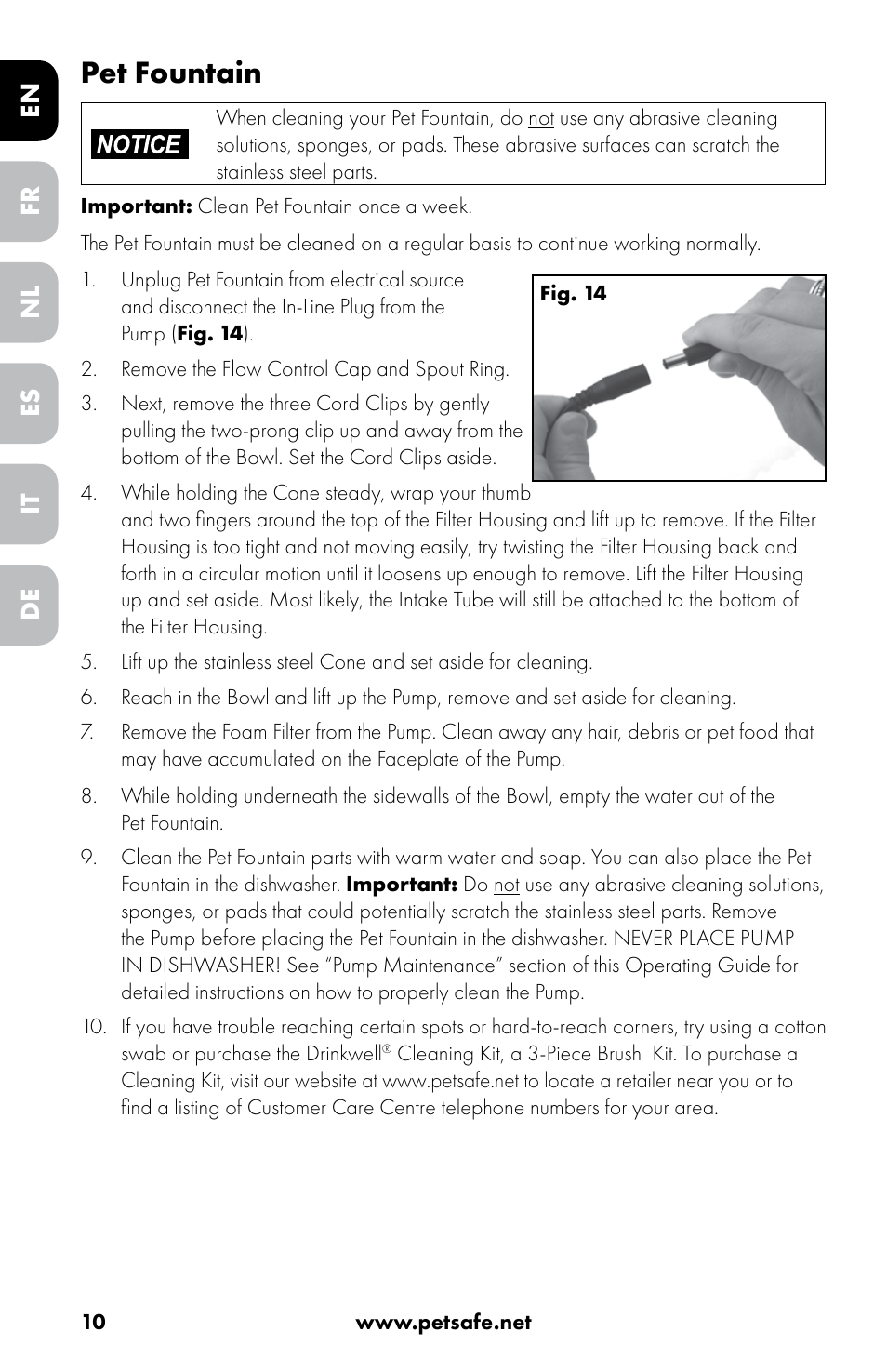 Pet fountain, En nl it fr es de | Petsafe Drinkwell® 360 Stainless Steel Pet Fountain User Manual | Page 10 / 88