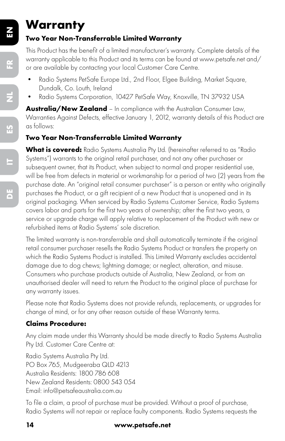 Warranty | Petsafe Drinkwell® 360 Stainless Steel Pet Fountain User Manual | Page 14 / 88