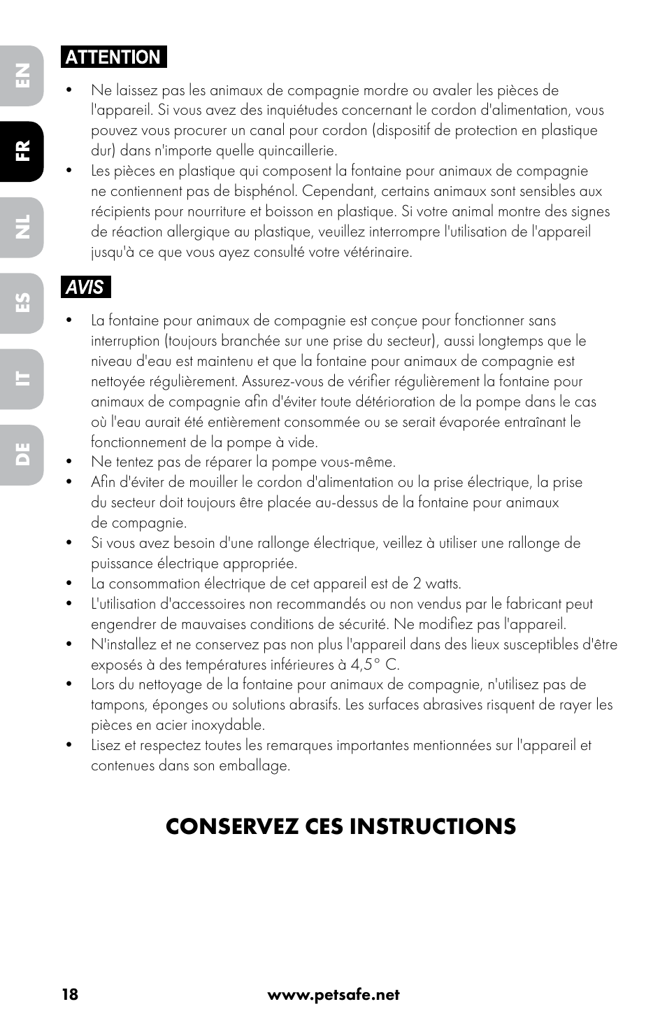 Conservez ces instructions | Petsafe Drinkwell® 360 Stainless Steel Pet Fountain User Manual | Page 18 / 88