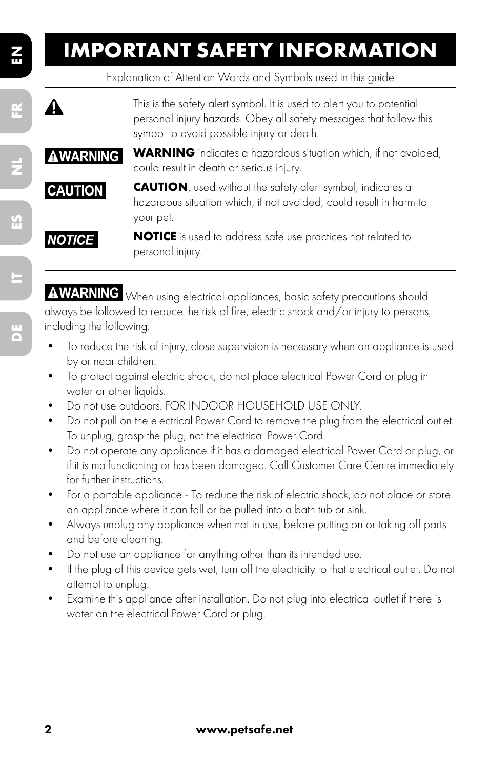 Important safety information | Petsafe Drinkwell® 360 Stainless Steel Pet Fountain User Manual | Page 2 / 88