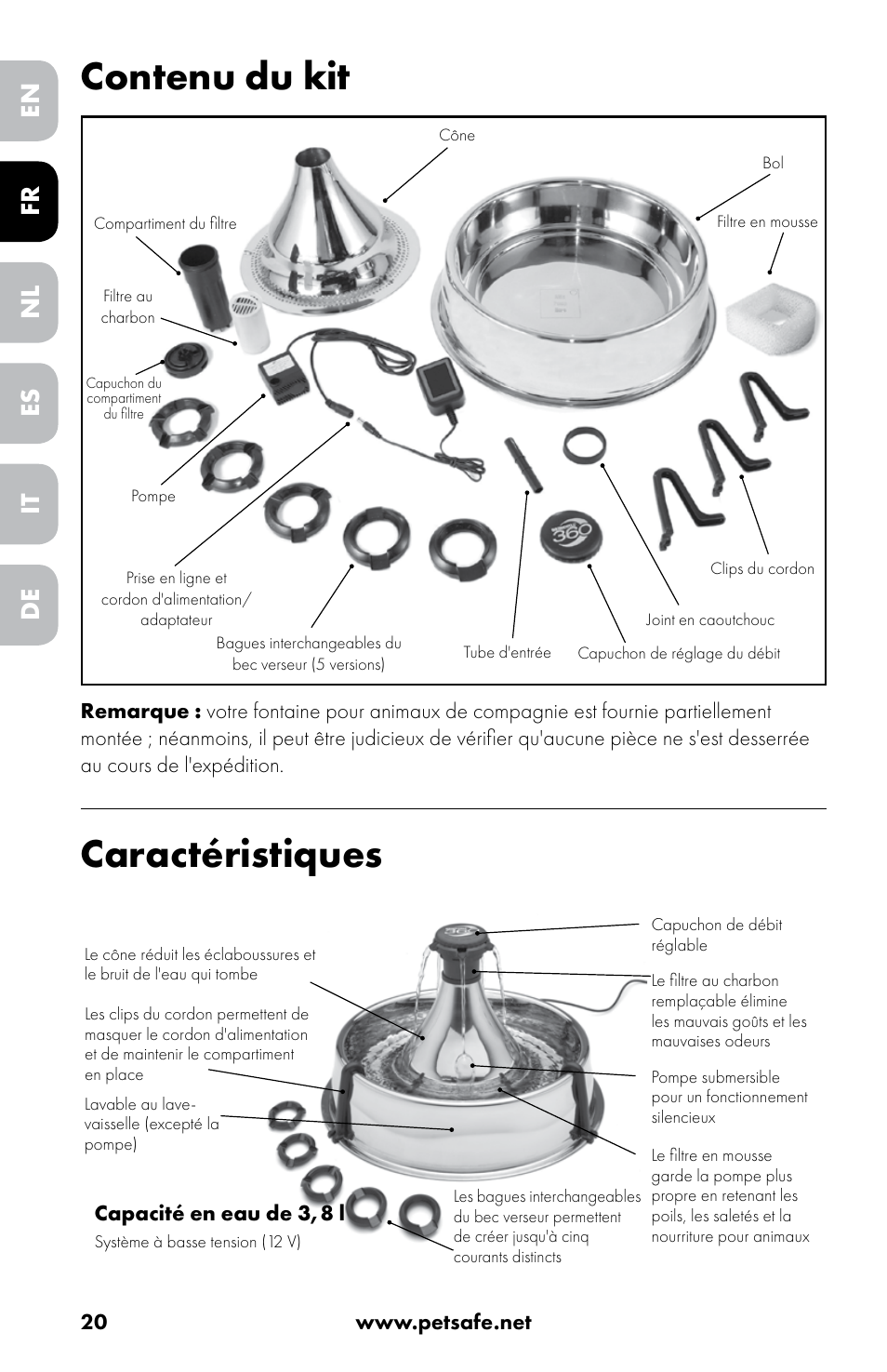 Contenu du kit, Caractéristiques, En nl it fr es de | Petsafe Drinkwell® 360 Stainless Steel Pet Fountain User Manual | Page 20 / 88