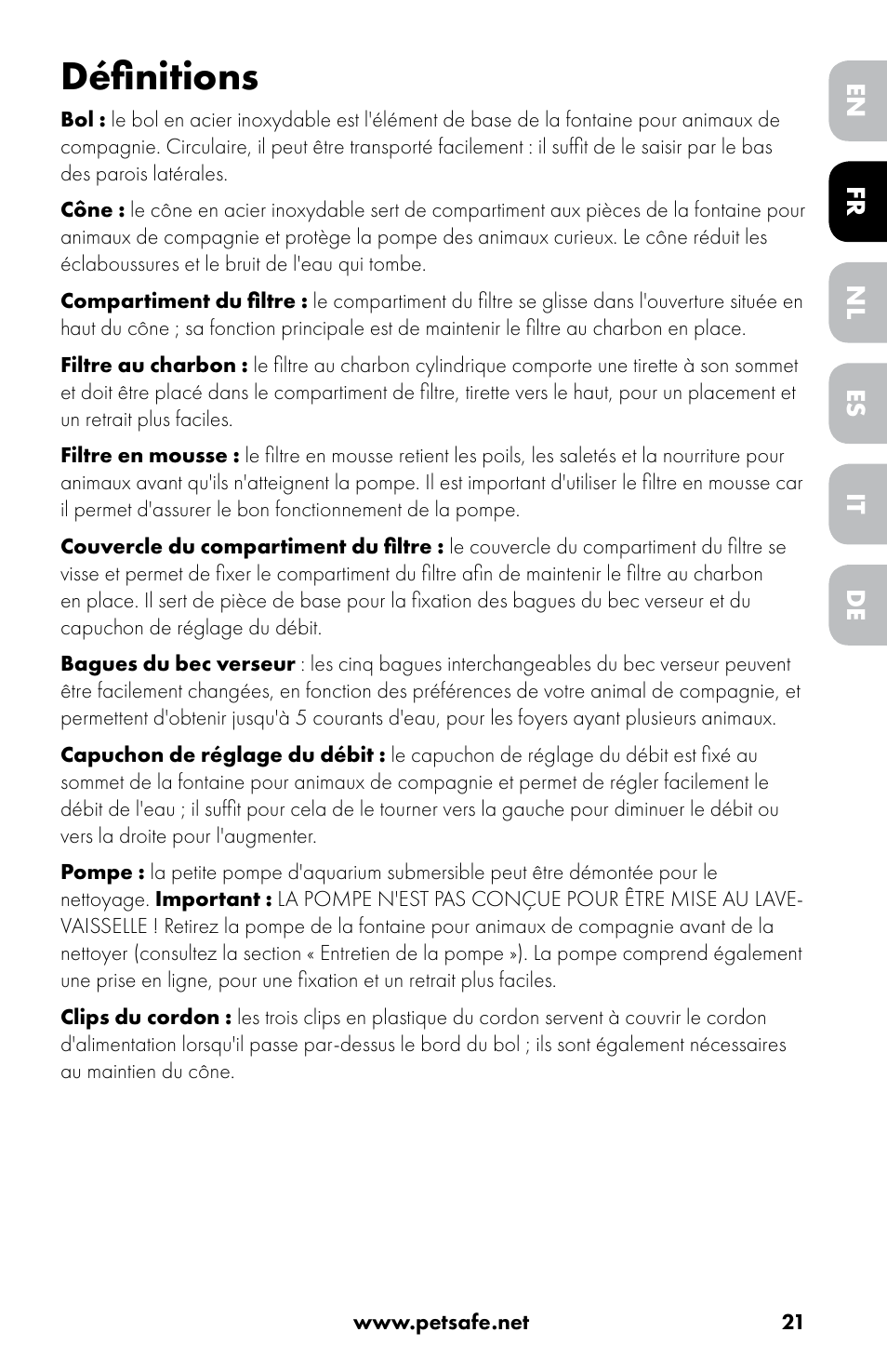 Définitions | Petsafe Drinkwell® 360 Stainless Steel Pet Fountain User Manual | Page 21 / 88