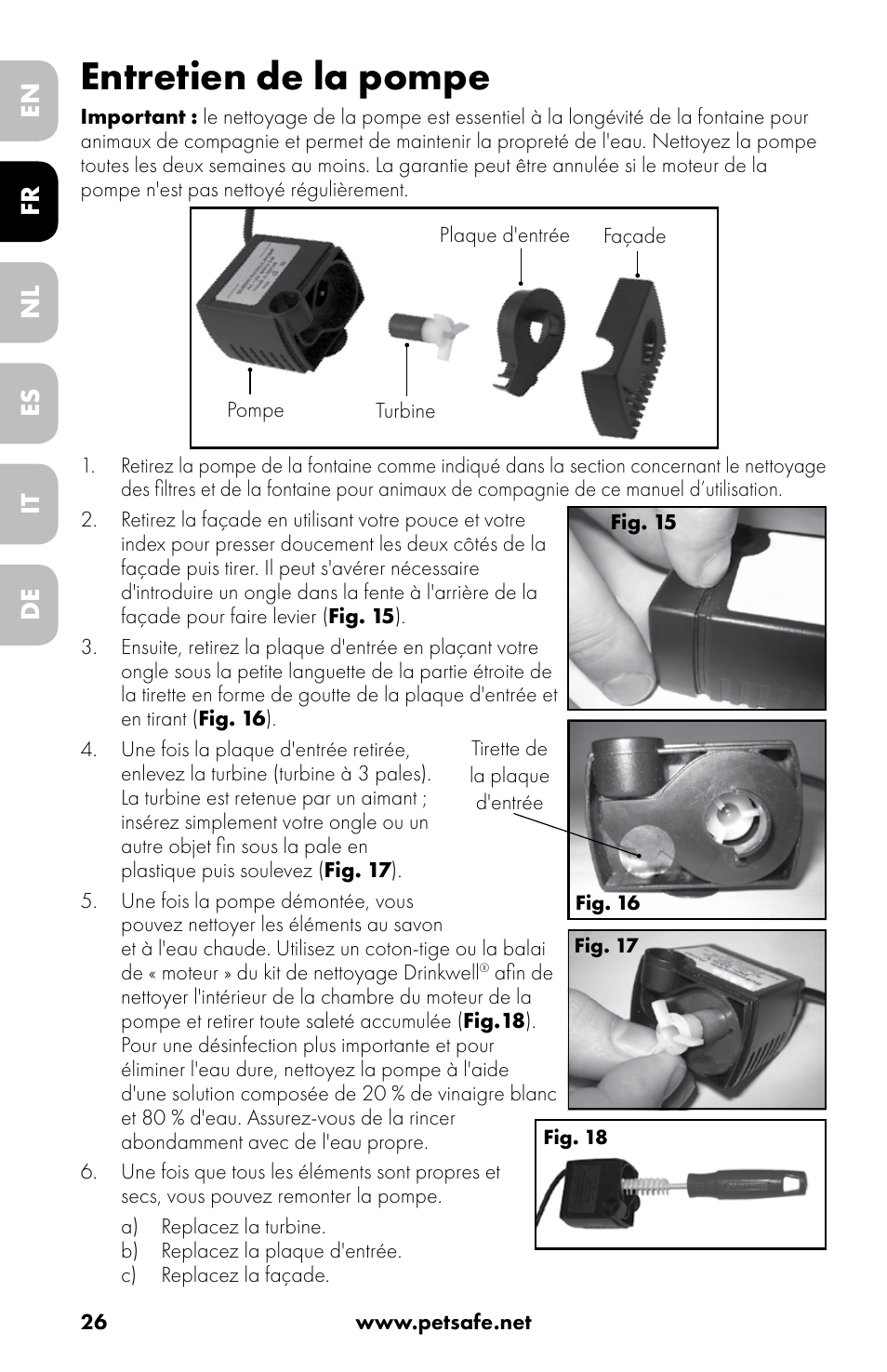 Entretien de la pompe, En nl it fr es de | Petsafe Drinkwell® 360 Stainless Steel Pet Fountain User Manual | Page 26 / 88