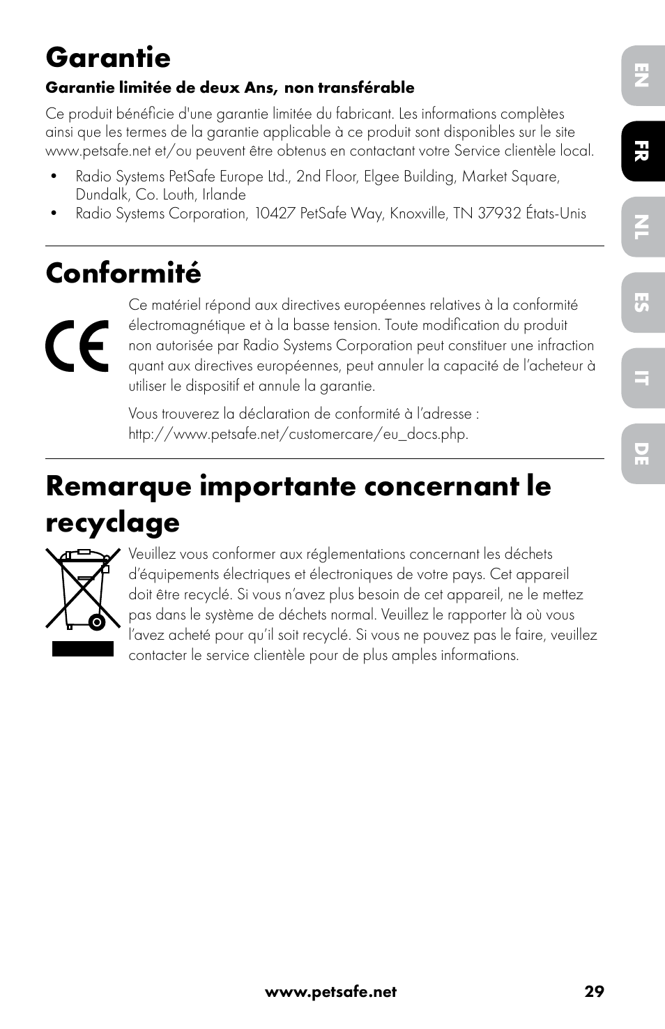 Garantie, Conformité, Remarque importante concernant le recyclage | Petsafe Drinkwell® 360 Stainless Steel Pet Fountain User Manual | Page 29 / 88