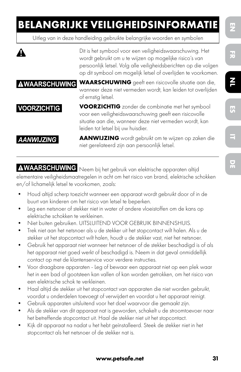 Belangrijke veiligheidsinformatie, Nederlands | Petsafe Drinkwell® 360 Stainless Steel Pet Fountain User Manual | Page 31 / 88