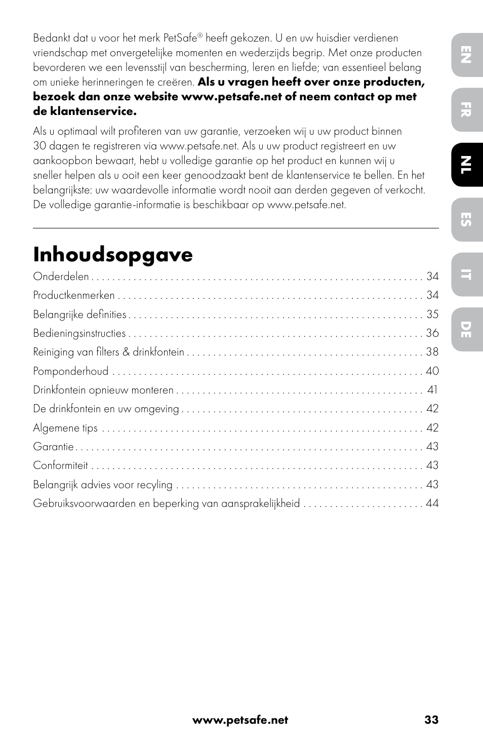 Inhoudsopgave | Petsafe Drinkwell® 360 Stainless Steel Pet Fountain User Manual | Page 33 / 88
