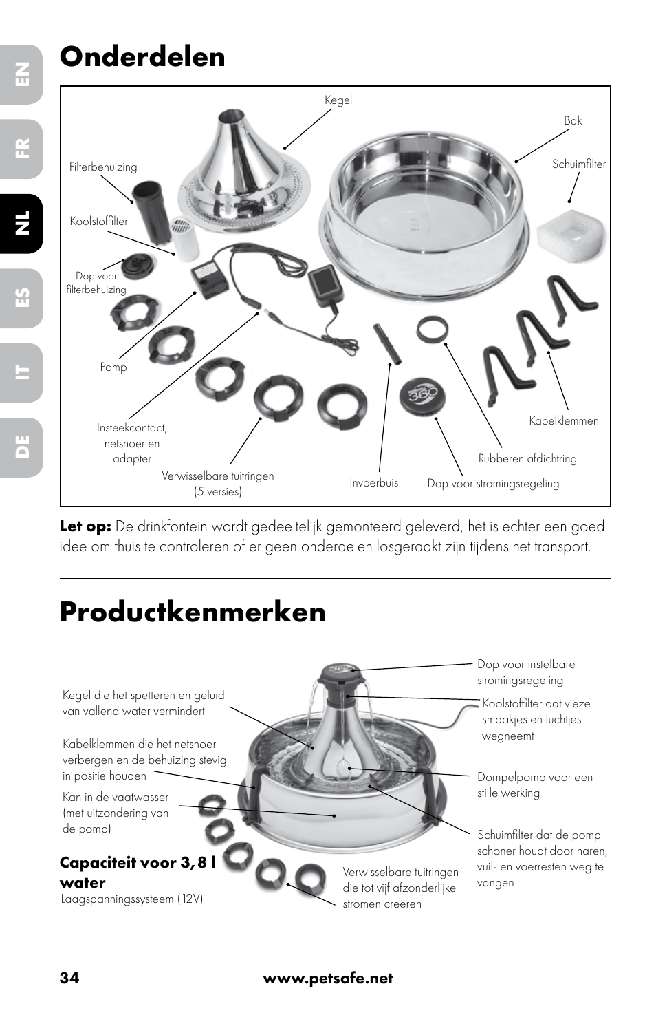 Onderdelen, Productkenmerken, En nl it fr es de | Petsafe Drinkwell® 360 Stainless Steel Pet Fountain User Manual | Page 34 / 88