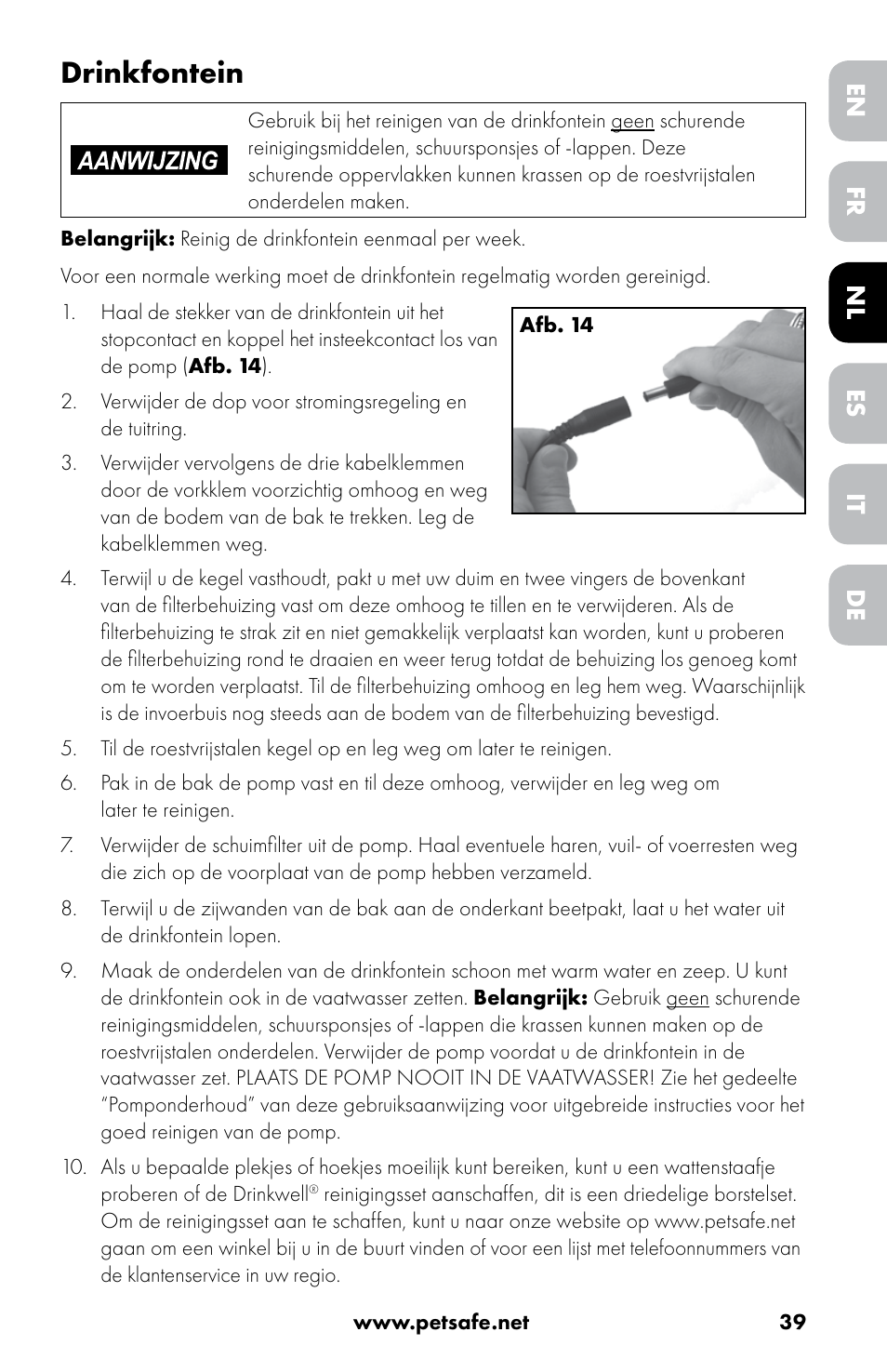 Drinkfontein, Fr es de en nl it | Petsafe Drinkwell® 360 Stainless Steel Pet Fountain User Manual | Page 39 / 88