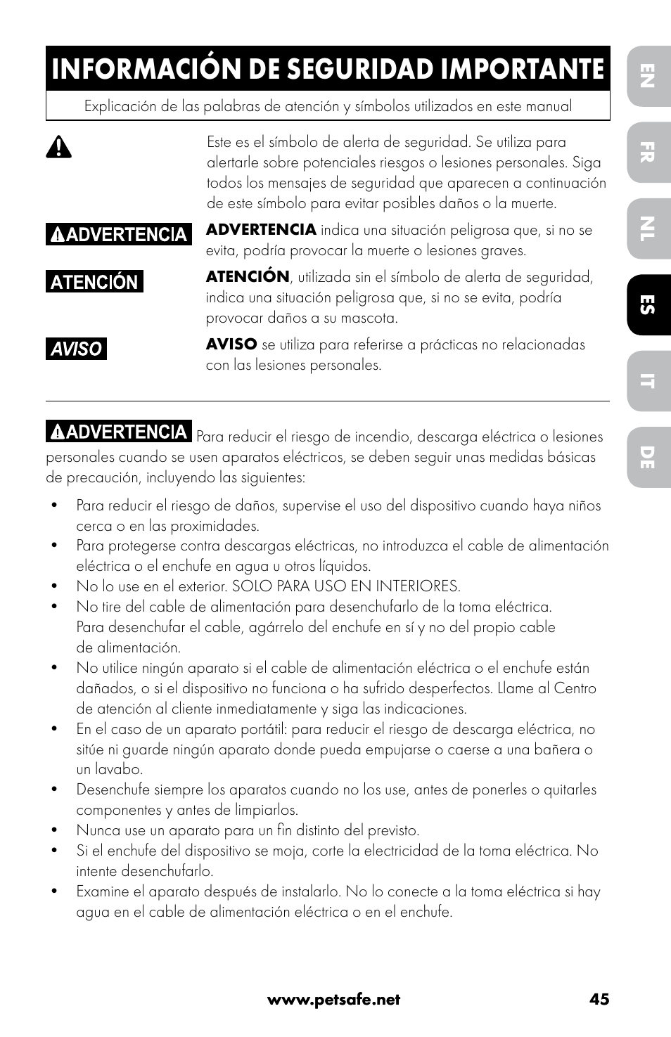 Información de seguridad importante, Español | Petsafe Drinkwell® 360 Stainless Steel Pet Fountain User Manual | Page 45 / 88