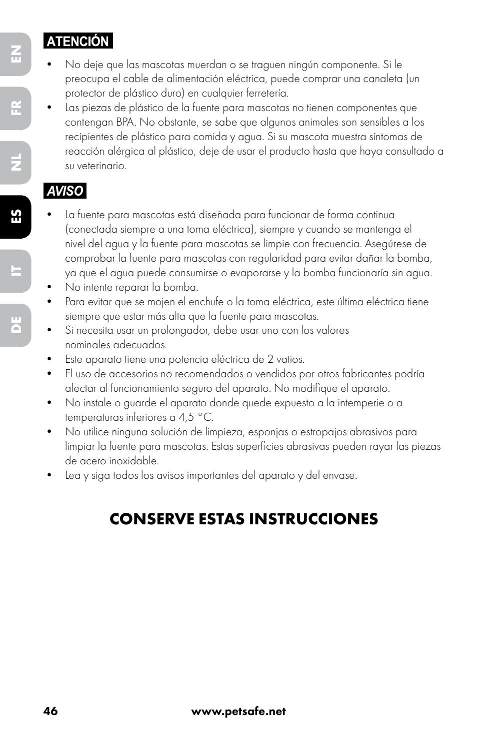 Conserve estas instrucciones | Petsafe Drinkwell® 360 Stainless Steel Pet Fountain User Manual | Page 46 / 88