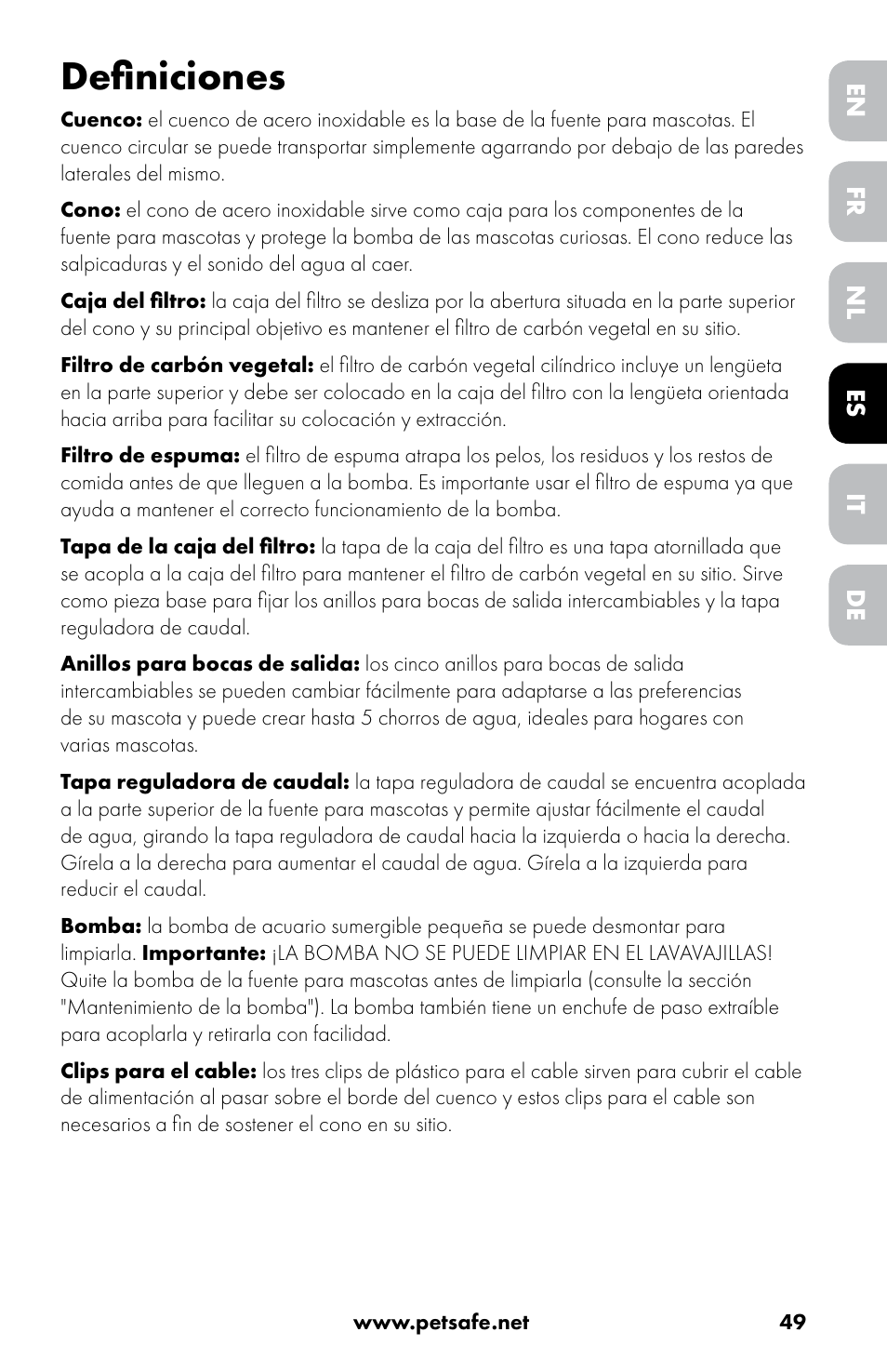 Definiciones | Petsafe Drinkwell® 360 Stainless Steel Pet Fountain User Manual | Page 49 / 88