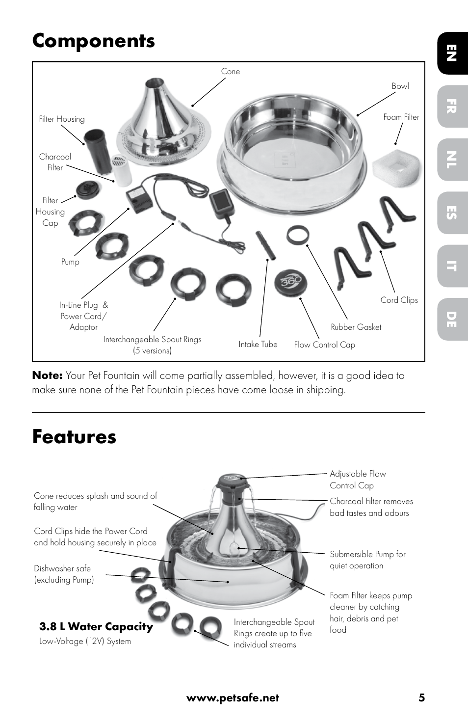 Components, Features, Fr es de en nl it | Petsafe Drinkwell® 360 Stainless Steel Pet Fountain User Manual | Page 5 / 88