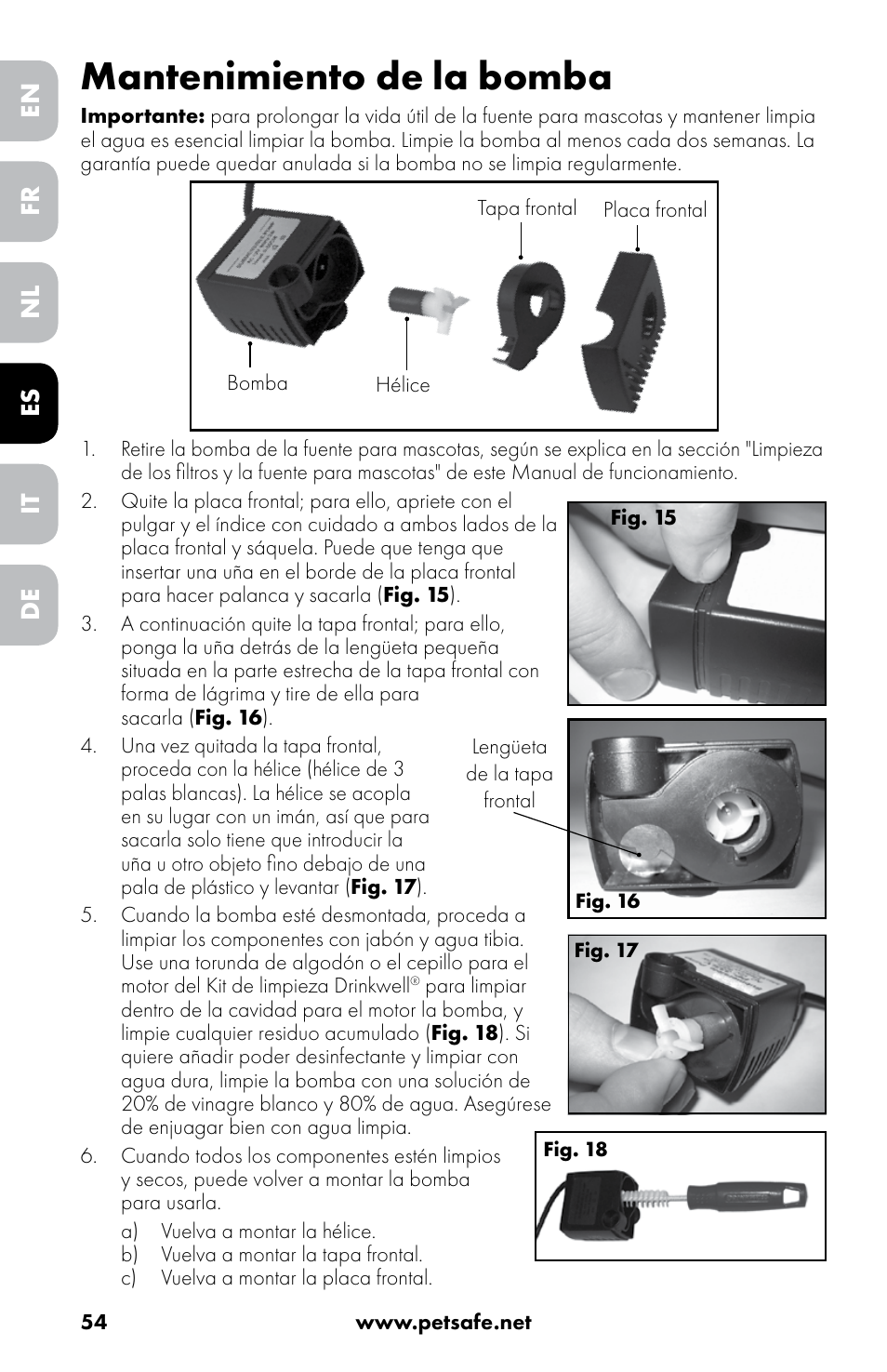 Mantenimiento de la bomba, En nl it fr es de | Petsafe Drinkwell® 360 Stainless Steel Pet Fountain User Manual | Page 54 / 88