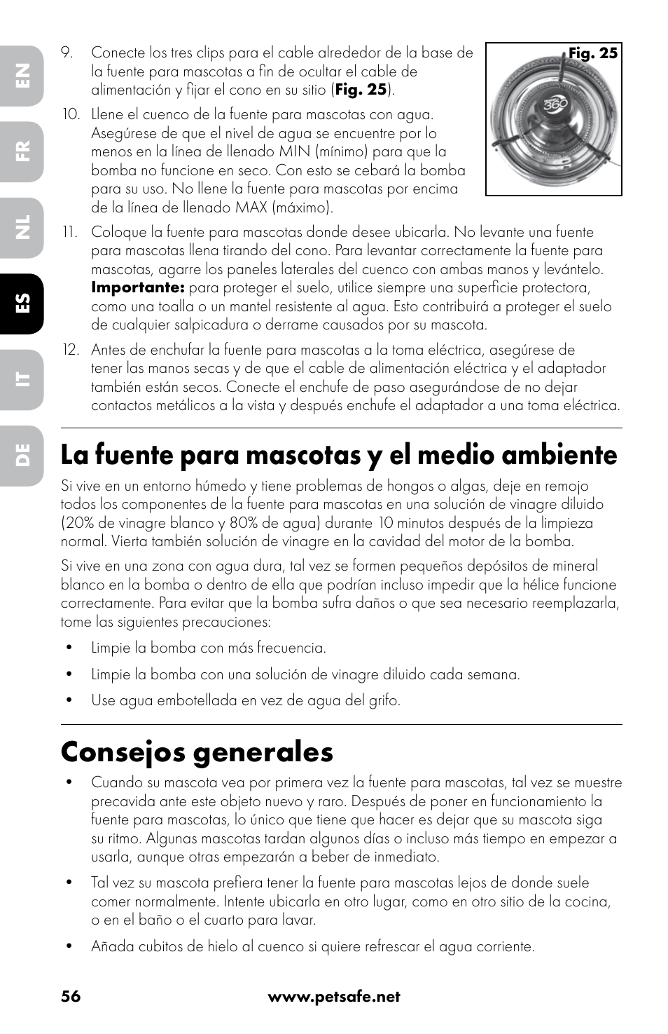 La fuente para mascotas y el medio ambiente, Consejos generales | Petsafe Drinkwell® 360 Stainless Steel Pet Fountain User Manual | Page 56 / 88