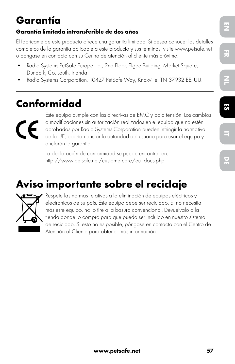 Garantía, Conformidad, Aviso importante sobre el reciclaje | Petsafe Drinkwell® 360 Stainless Steel Pet Fountain User Manual | Page 57 / 88