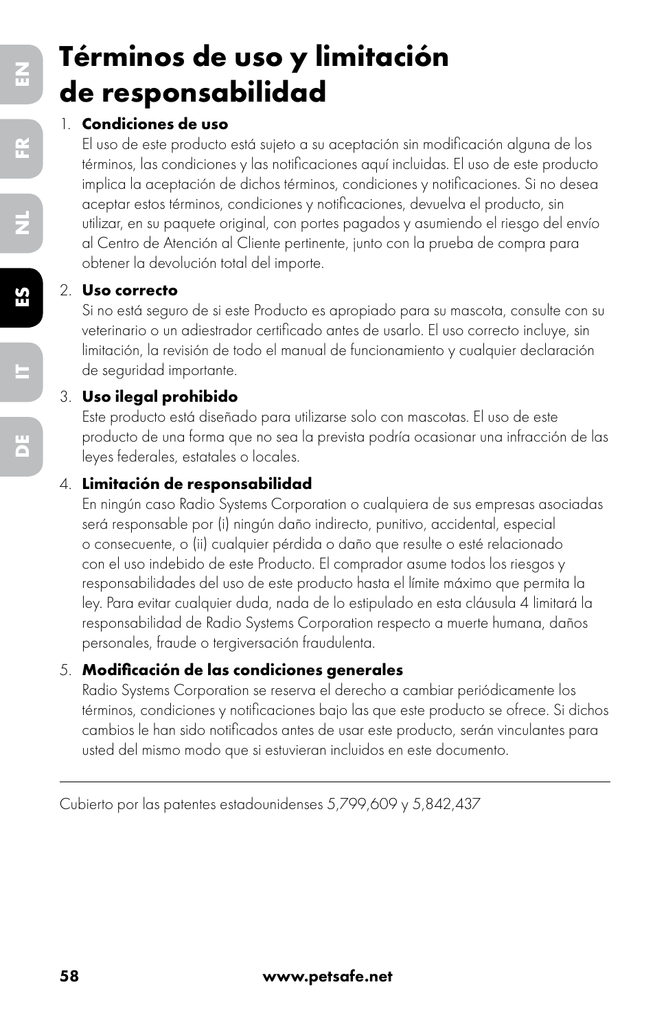Términos de uso y limitación de responsabilidad | Petsafe Drinkwell® 360 Stainless Steel Pet Fountain User Manual | Page 58 / 88