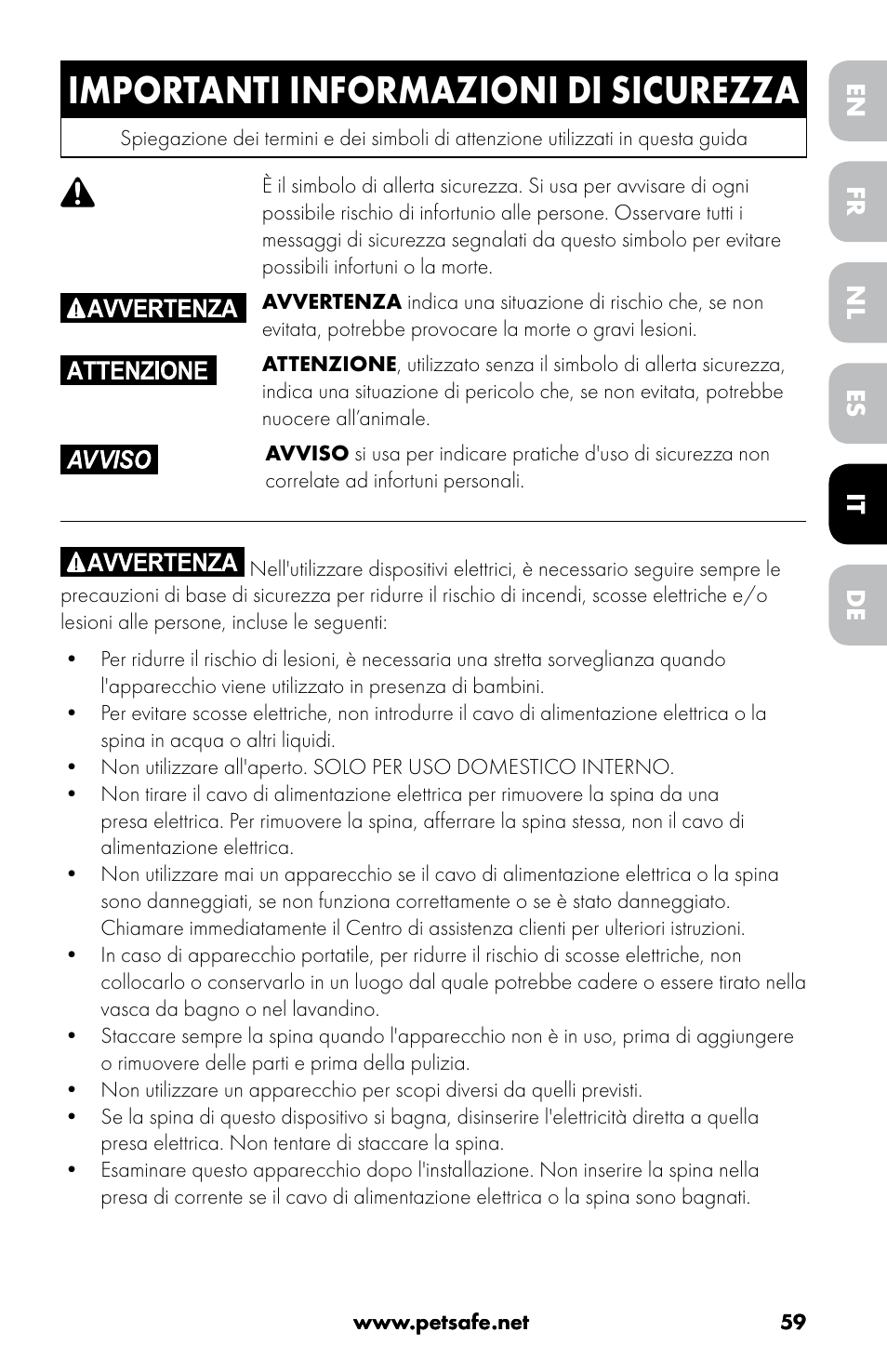 Importanti informazioni di sicurezza, Italiano | Petsafe Drinkwell® 360 Stainless Steel Pet Fountain User Manual | Page 59 / 88