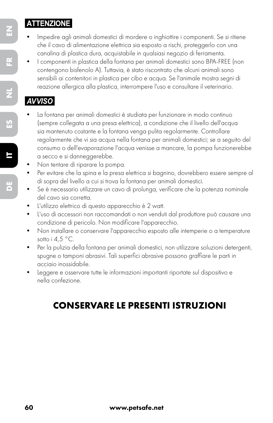 Conservare le presenti istruzioni | Petsafe Drinkwell® 360 Stainless Steel Pet Fountain User Manual | Page 60 / 88