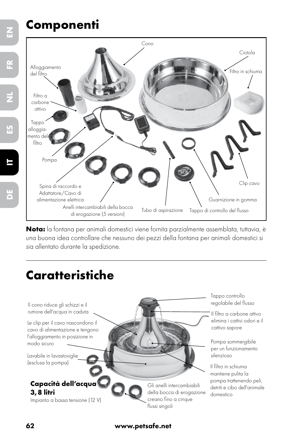Componenti, Caratteristiche, En nl it fr es de | Petsafe Drinkwell® 360 Stainless Steel Pet Fountain User Manual | Page 62 / 88