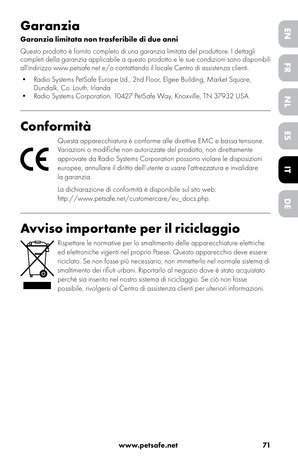 Garanzia, Conformità, Avviso importante per il riciclaggio | Petsafe Drinkwell® 360 Stainless Steel Pet Fountain User Manual | Page 71 / 88