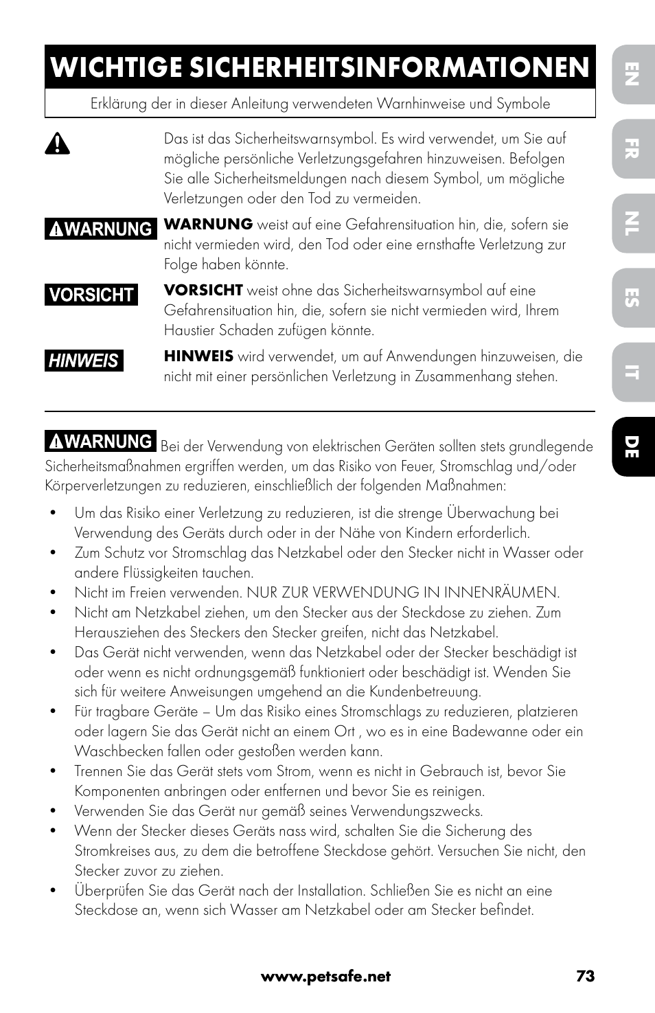 Wichtige sicherheitsinformationen, Deutsch | Petsafe Drinkwell® 360 Stainless Steel Pet Fountain User Manual | Page 73 / 88