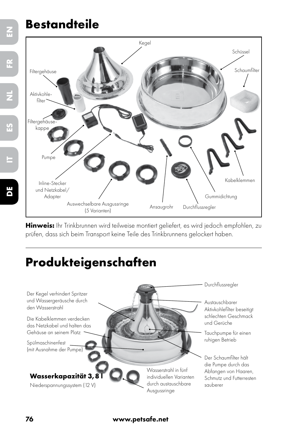 Bestandteile, Produkteigenschaften, En nl it fr es de | Petsafe Drinkwell® 360 Stainless Steel Pet Fountain User Manual | Page 76 / 88