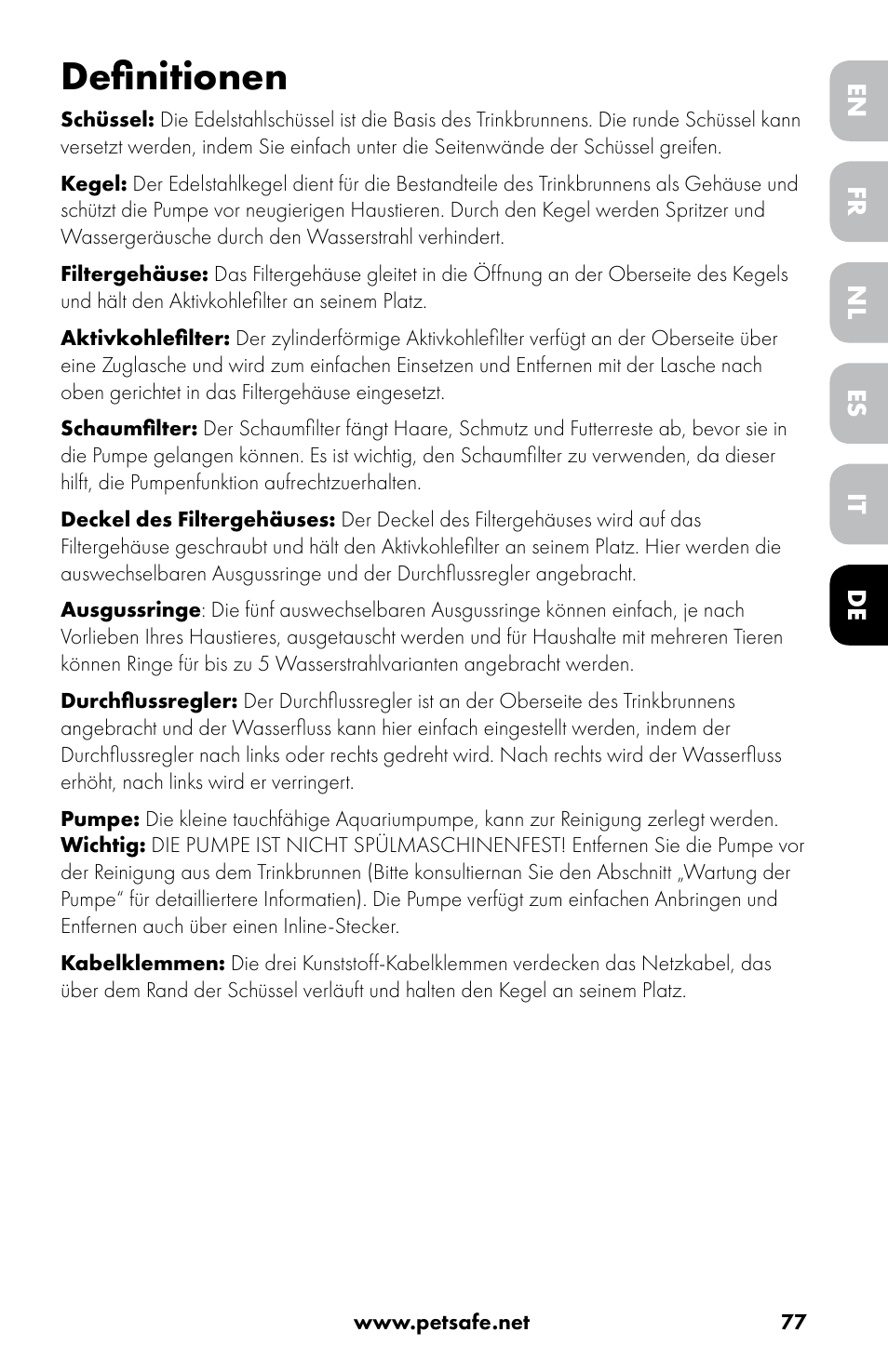 Definitionen | Petsafe Drinkwell® 360 Stainless Steel Pet Fountain User Manual | Page 77 / 88