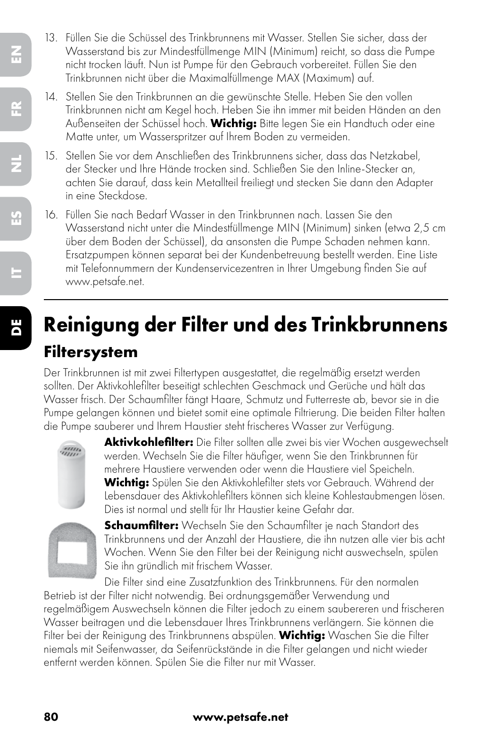 Reinigung der filter und des trinkbrunnens, Filtersystem | Petsafe Drinkwell® 360 Stainless Steel Pet Fountain User Manual | Page 80 / 88